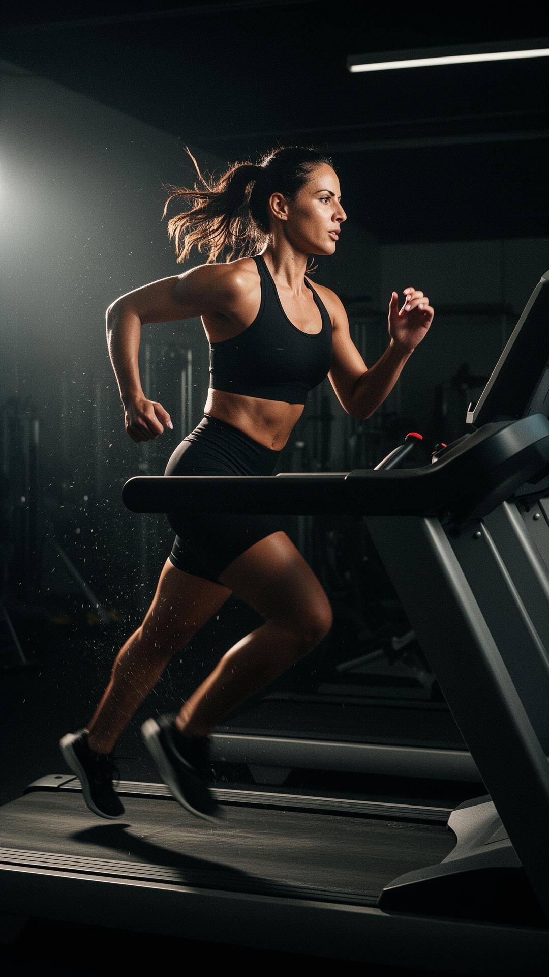 Female athlete running on a treadmill at sunrise